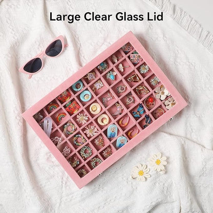 Frebeauty 48 Grid Jewelry Tray,Adjustable Earring Holder Organizer with Glass Lid,Velvet Drawer Jewelry Organizer for Rings,Studs,13.8 x 9.5 x 2 Inches Jewelry Display Box,Gift for Women(Pink)