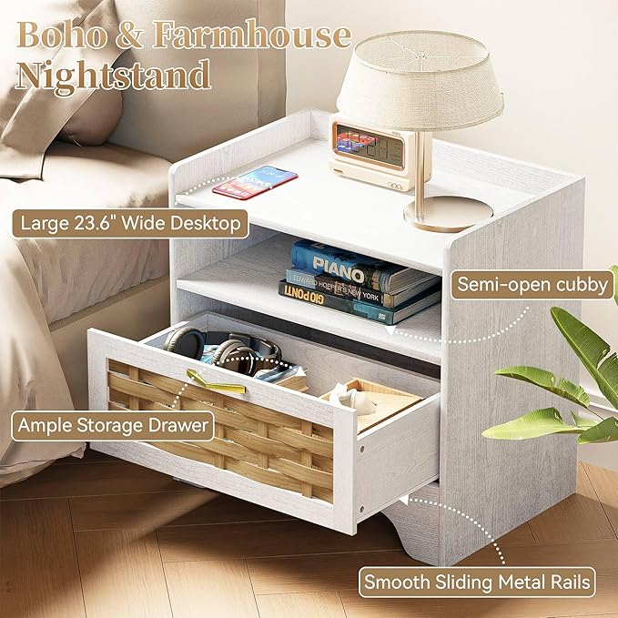 HOCAT 24" Rattan Nightstand with Storage Drawer, White Bedside Table with Semi Open Cubby, Boho Night Stand with Farmhouse Arched Base for Bedroom, Side Table, End Table for Dorm