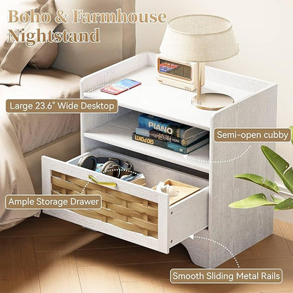 HOCAT 24" Rattan Nightstand with Storage Drawer, White Bedside Table with Semi Open Cubby, Boho Night Stand with Farmhouse Arched Base for Bedroom, Side Table, End Table for Dorm