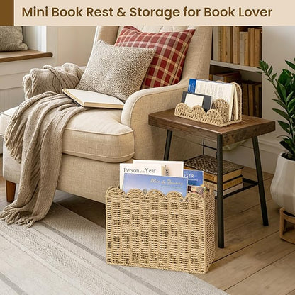 AELS Hand Woven Scalloped Basket Set of Mail Organizer and Magazine Holder, Coastal Style Mail Holder and Floor Magazine Rack, Boho Modern Farmhouse Book Basket Newspaper Bill Mail Sorter for Office