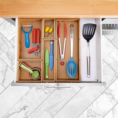Seville Classics Bamboo Premium Organizer Storage Bins for Kitchen Silverware, Pantry, Closet, Office Desk, Pens, Utensils, Makeup, K Cup, Bamboo, Bin Set w/Dividers (5 Piece)