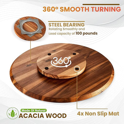 21" Acacia Wood Lazy Susan for Table Top - Wooden Turntable Serving Tray for Charcuterie Boards Cheese Board - Extra Large Round Lazy Susan Organizer - Kitchen Revolution for Countertop