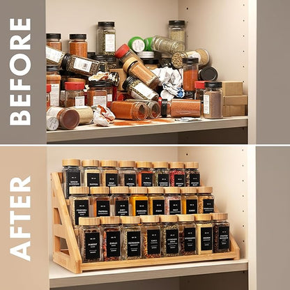EDELHAUS 3 Tier Bamboo Spice Rack Organizer for Cabinet – Fits 24 Spice Jars, 17.5” Wide Countertop & Cabinet Organizer for Kitchen Organization, Seasoning Organizer Shelf (Jars Not Included)