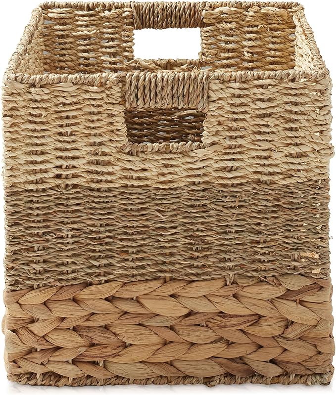 Casafield 12" x 12" Mixed Weave Storage Baskets, Natural - Set of 6 Woven Hyacinth Seagrass Wicker Storage Cube Bins for Bathroom, Bedroom, Laundry, Pantry, Shelves