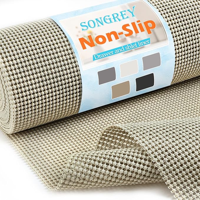 Songrey Non-Adhesive Drawer and Shelf Liner, Non Slip Cabinet Liners, Protect Kitchen Cupboard, Bathroom Drawers, Breathable, Thick Strong Grip mat (12IN x 10FT, Beige)