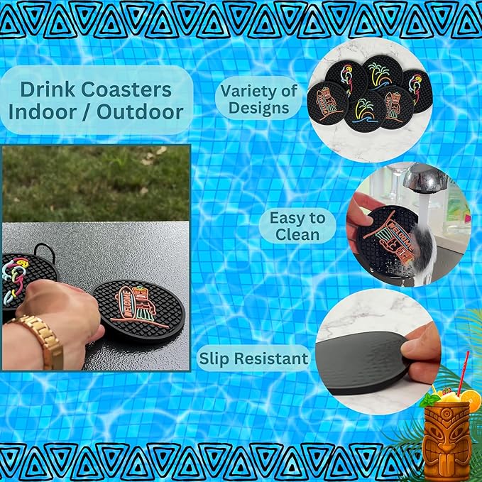 Tiki Bar Coasters Set of 6 with Holder, Tiki Bar Decor Silicone Coasters with Surfboard Warrior, Wave & Palm Tree and Parrot Designs, Hawaiian Decor Black Coasters, Outdoor Tiki Bar Rubber Decorations