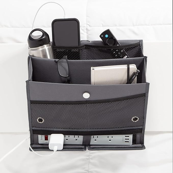 U Brands Bedside Caddy, 7 Pockets with Power Strip Compartment, Organization Supplies, Gray, 1 Count