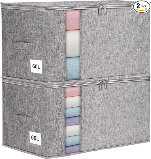 Punemi Large Clothes Storage Bags, 2 Pack Comforter Storage Bag with Sturdy Structure/Zipper for King/Queen Comforters Quilt Duvet Pillows Blankets, Closet Organizers, 21.7x14.2x11.8in