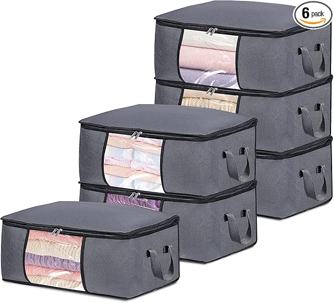 BiCINE 6 Pack Clothes Storage Bags with Zipper, Foldable Blanket Storage Box with Clear Window Reinforced Handles for Closet, Dorm, Pillows, Bedding, Sheet, Comforter, 45L Gray