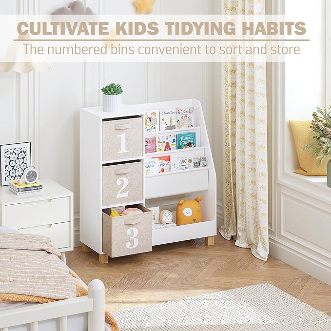 Spirich Kids Bookshelf with Storage Bins, Children Cube Storage Organizer, Montessori 3-Tier Book Display Rack, Book Shelf for Kids Rooms, Playroom, Nursery, White