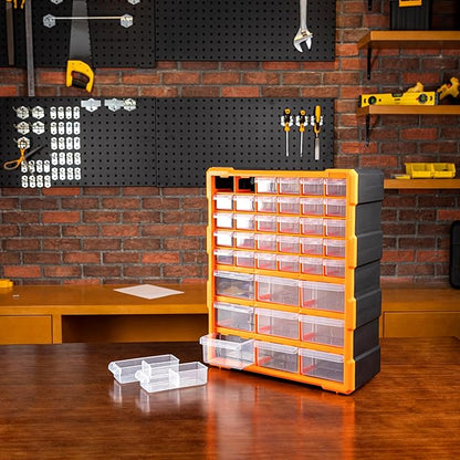 Amazon Basics Wall Mount Hardware and Craft Storage Cabinet Organizer with 39 Drawers, Plastic Garage Organization System with Dividers for Small Parts, Black, Orange, 15" x 6.3" x 18.6"
