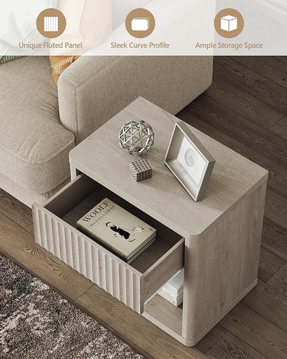 SICOTAS Night Stand Nightstand with Drawer Storage Fluted Bed Side Table End Table Large Modern Wide Bedside Stand Mid Century Night Stands for Bedroom Living Room Sofa Couch Home Office, White Alder