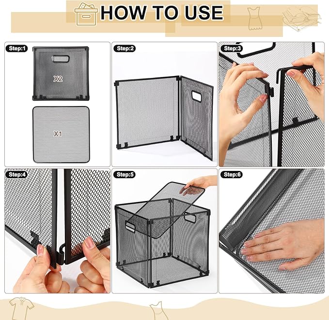 2 Pcs Foldable Metal Cube Storage Baskets 13x13 Kitchen Wire Baskets Stackable Mesh Laundry Organizer Bin with Handles for Shelves Kitchen Pantry Cabinets Closet Food (Black)