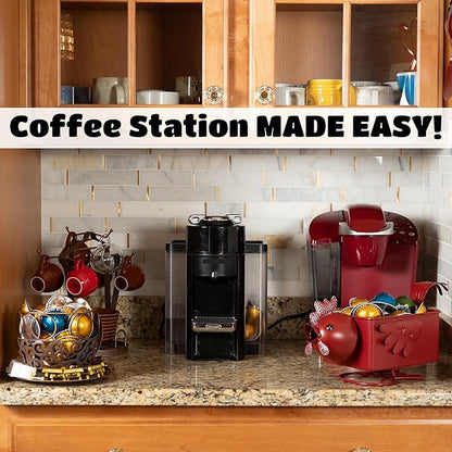 Made Easy Kit Coffee Pod Organizer Compatible with Nespresso Vertuo and Original - Countertop Sculpture Holder Basket Style for Café Bar, Corner Station Office Break Area (Rooster Square)