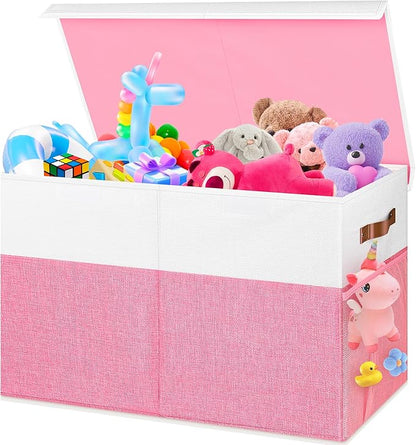 Large Toy Box, Collapsible Sturdy Storage Organize Chest Boxes With Lids, 25"x13"x16" Kids Toy Chest Bin Baskets for Living Room, Bedroom, Nursery, White & Pink