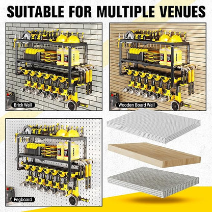 Heavy Duty Power Tool Organizer Wall Mount - 300lb Capacity 3-Tier Storage Rack with 7 Drill Holders for Garage Workshop Tools