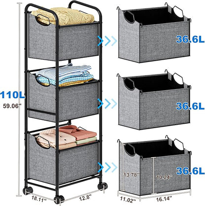 110L Vertical Rolling Laundry Basket Organizer with Wheel, 3-Tier Dirty Clothes Laundry Hamper, 3-Section Laundry Sorter Cart, Portable Laundry Baskets for Small Space, Dorm, Laundry, Closet, Bathroom