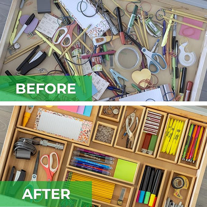 Grow Forward Bamboo Drawer Organizer Boxes - Set of 7 Wooden Drawer Organizers for Kitchen, Bathroom, Office, Desk, Vanity, Makeup - Non-Slip Junk Drawer Organizer Trays for Storage and Organization