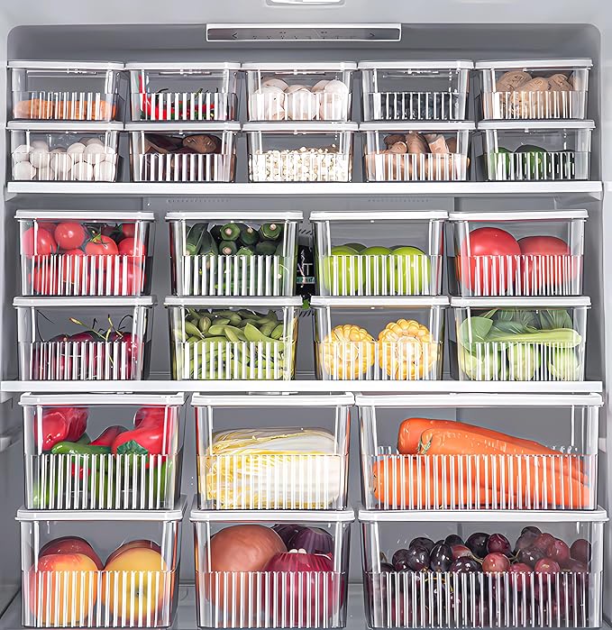 Huaqinglian Fridge Food Fruit Storage Container Bin with lid, Refrigerator food vegetable Organizer Fresh Keeper Container with timer lid Fruit Vegetables storage bin For fridge (0.9L+1.8L+3.4L)