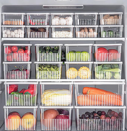 Huaqinglian Fridge Food Fruit Storage Container Bin with lid, Refrigerator food vegetable Organizer Fresh Keeper Container with timer lid Fruit Vegetables storage bin For fridge (0.9L+1.8L+3.4L)
