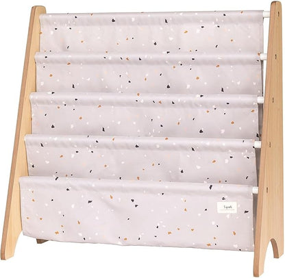 3 Sprouts Recycled Fabric Kids Bookshelf – 4-Tier Sling Book Rack Organizer - Nursery Room Playroom Classroom Wooden Book Shelves - Kid Bookcase Wood Storage Shelf for Toddler Age 3+ - Terrazzo Gray