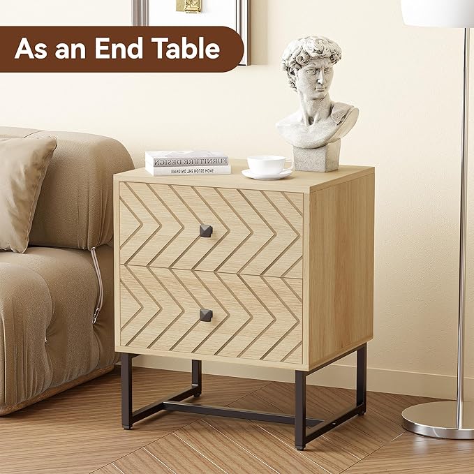 HOCAT Modern Nightstand with Two Storable Drawers,Sturdy Bedside Table Space-Saving Night Stand with Black Metal Legs for Bedroom,Oak