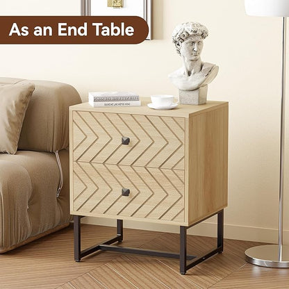 HOCAT Modern Nightstand with Two Storable Drawers,Sturdy Bedside Table Space-Saving Night Stand with Black Metal Legs for Bedroom,Oak