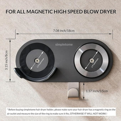 simpletome Hair Dryer Holder Wall Mount for All Magnetic High Speed Blow Dryer with Plug Cord Organizer Hook (Aluminum Alloy, White)