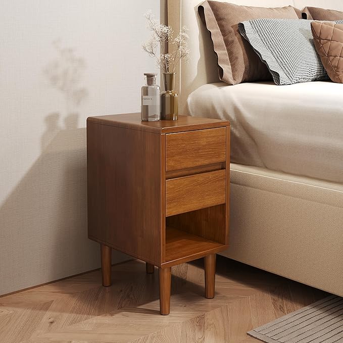 Narrow Nightstand 2 Drawers with Open Shelf Narrow Night Stand Solid Wood Bedside Table Mid Century Modern Nightstand Wooden End Table for Bedroom, Living Room, Study, Office