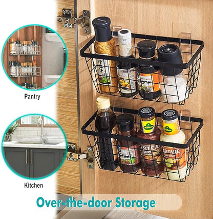 LIGHT DUST Wall Hanging Baskets - 2 Black Baskets Set Wire Basket Metal Organizer Bins for Kitchen Pantry Cabinet Bathroom Shower Door RV [Included Adhesive Hooks & Wall Mounted Screws]