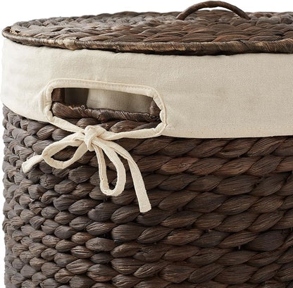 Casafield Round Laundry Hamper with Lid and Removable Liner Bag - Espresso Dark Brown, Woven Water Hyacinth Wicker Laundry Basket for Clothes, Towels