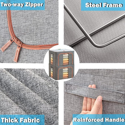 Large Capacity Clothes Storage Bags Stackable Storage Organizer with Foldable Metal Frame Zipper Handles Clear Window Storage Container Box for Blanket Sweater Comforter Pillow (100L Gray 2 Pack)