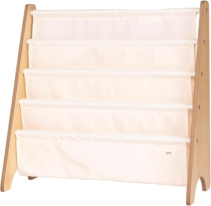 3 Sprouts Recycled Fabric Kids Bookshelf – 4-Tier Sling Book Rack Organizer - Nursery Room Playroom Classroom Wooden Book Shelves - Kid Bookcase Wood Storage Shelf for Toddler Age 3+ Cream