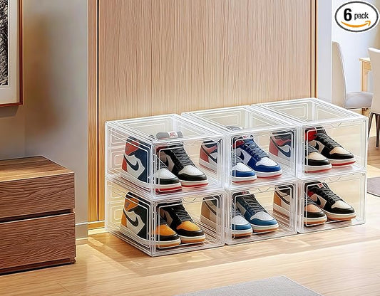 JECCICHY 6 Pack Shoe Organizer for Closet, Shoe Storage Container with Lids, Shoe Box Clear Plastic Stackable, Thick Hard Polypropylene, Drop Front Door, US Size 13