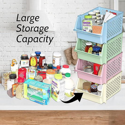 TidyFriend Stackable Storage Bins for Pantry, 4 Pack Stackable Bins For Organizing Food, Kitchen, and Bathroom Essentials (Multi)