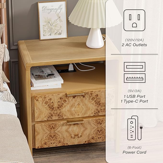 COZAYH Set of 2 Farmhouse 2 Drawer Nightstand with Charging Station, Side Table with Power Outlet, USB and Type-C Ports, Burl Wood Finish, Natural
