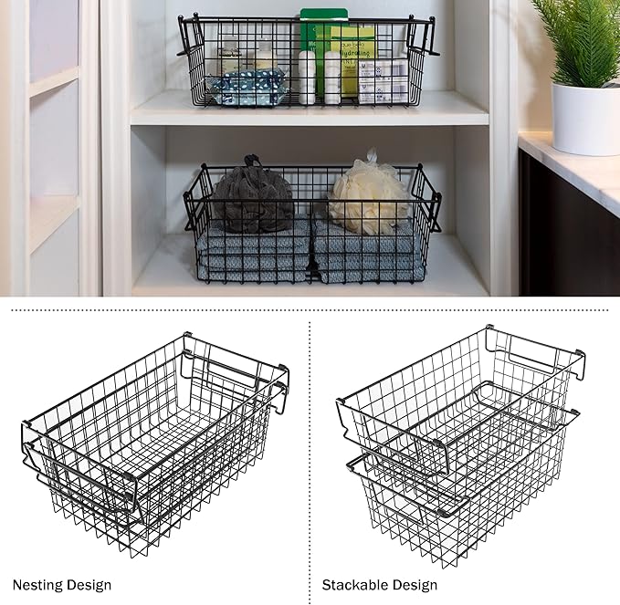 Set of 2 Storage Bins for Kitchen and Bathroom Organizer - Basket Set for Toy, Kitchen, Closet, and Bathroom Storage - Medium Shelf Organizers with Handles by Home-Complete (Black)