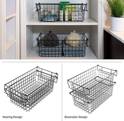 Set of 2 Storage Bins for Kitchen and Bathroom Organizer - Basket Set for Toy, Kitchen, Closet, and Bathroom Storage - Medium Shelf Organizers with Handles by Home-Complete (Black)