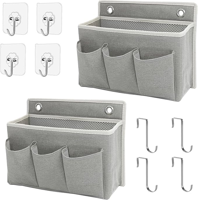 2-Pack Wall Hanging Organizer Bag/Hanging Baskets with Large Mesh Compartment & 3 Pockets，Over the Door Organizer Space Saving Storage for Bedroom,RV Camper, Closet (Gray -2 Pack)