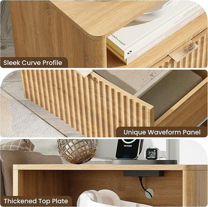 TROJM Night Stand with Charging Station, Modern Bedside Table with Drawer & Open Shelf Storage, Small Space Sidetable for Bedroom, Natural Oak