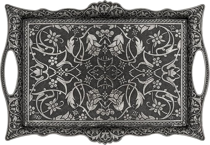 Alisveristime Ottoman Turkish Zamak Serving Tray with Traditional Motifs, Ideal for Coffee and Tea - Six Person Tray (14.5 x 9.85 in) (Black)