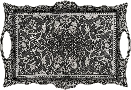 Alisveristime Ottoman Turkish Zamak Serving Tray with Traditional Motifs, Ideal for Coffee and Tea - Six Person Tray (14.5 x 9.85 in) (Black)