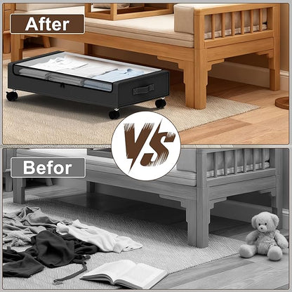 VXEAPADE Under Bed Storage with Wheels - 2Pack Underbed Storage Containers with Clear Lid & Label, Under The Bed Rolling Storage Bins for Shoes, Clothes, Blankets, Books (Black, Large)