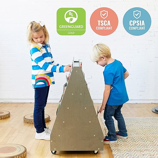 ECR4Kids Double-Sided Wooden Mobile Book Display and Storage, Montessori Furniture, Grey Wash