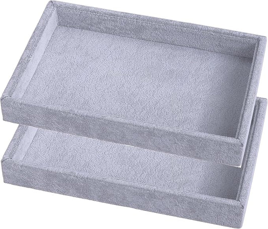 Mornajina 2 Pcs 9" x 5.7" Velvet Jewelry Tray Jewelry Display Tray, Stackable Empty Plate Trays for Earrings Necklaces Bracelet Rings Display Showcase - Grey
