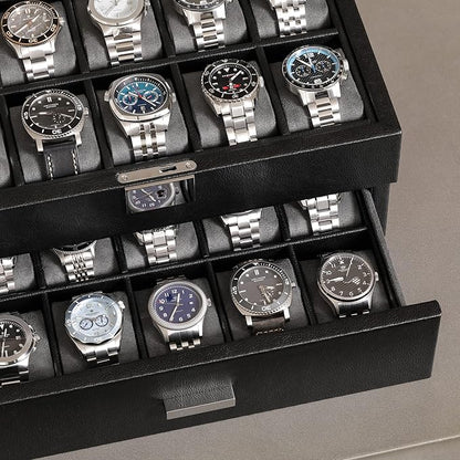 ROTHWELL 20 Slot Leather Watch box - Luxury Case Display Jewelry Organizer, - Locking Display Case Holder with Large Real Glass Top - Watch Box Organizer for Men and Women (Black/Grey)