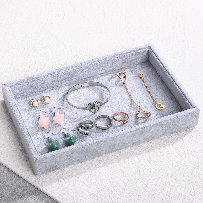Mornajina 2 Pcs 9" x 5.7" Velvet Jewelry Tray Jewelry Display Tray, Stackable Empty Plate Trays for Earrings Necklaces Bracelet Rings Display Showcase - Grey