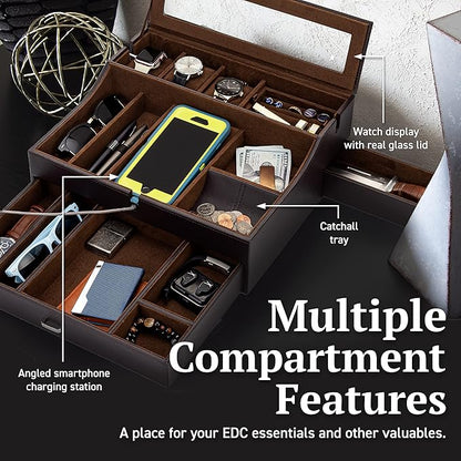 Mens Valet Box Organizer, Large Leather Valet Tray for Men, Mens Valet Tray Organizer with Charging Station, Mens Jewelry Box Organizer for EDC Valet Mens Accessories, Nightstand Bedside Dresser Top
