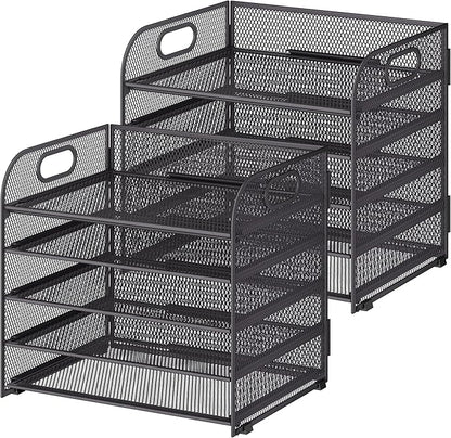 2 Pack 5 Tier Paper Organizer, Letter Tray with Handle, Mesh Desk Organizer, Metal File Organizer, Office Desk Accessories for Home, Office, Classroom, School -Grey