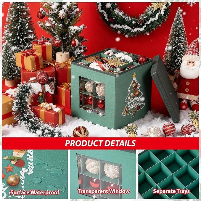 Christmas Ornament Storage Box with Lid - Holds 64 Ornaments, Large Sturdy & Foldable Organizer Case for Holiday Decor 11.8x11.8x11.8 Inch